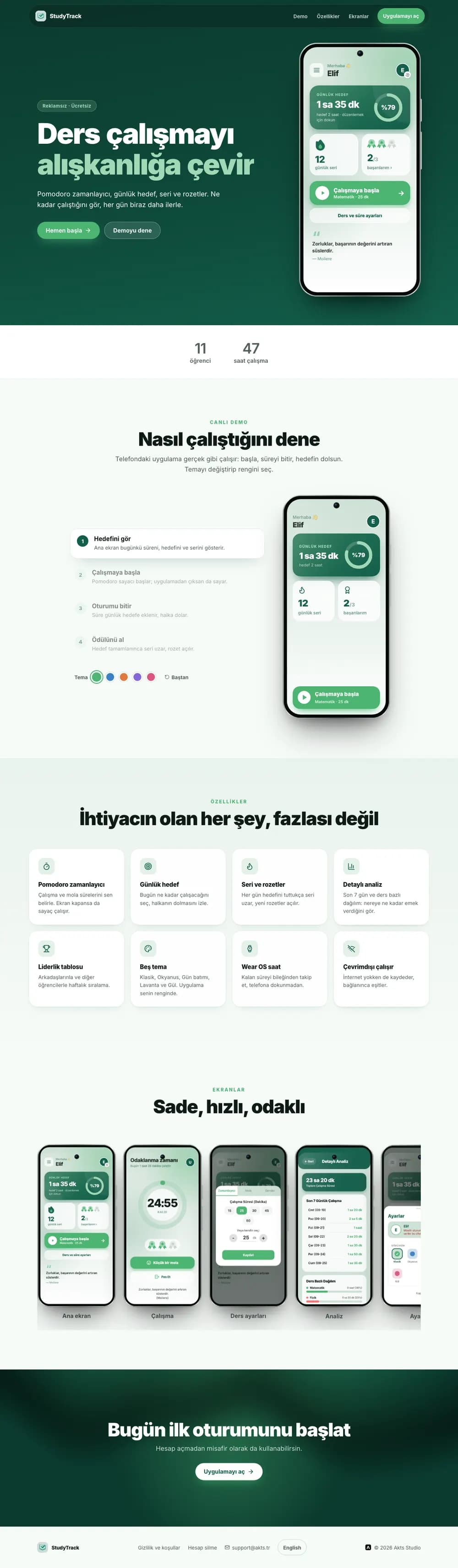 StudyTrack sitesinin tam sayfa önizlemesi