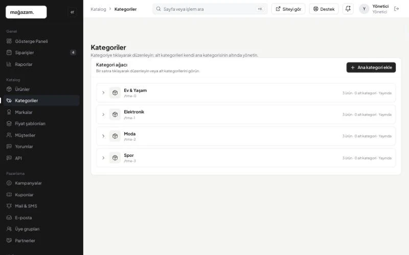 PaketSoft paneli: Kategorileri açın