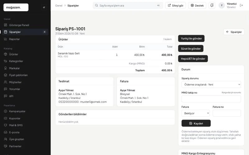 PaketSoft paneli: Gönderi açın