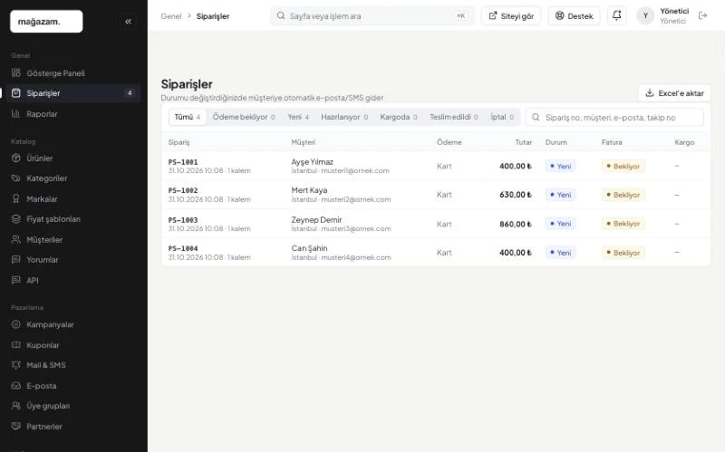 PaketSoft paneli: Siparişi açın